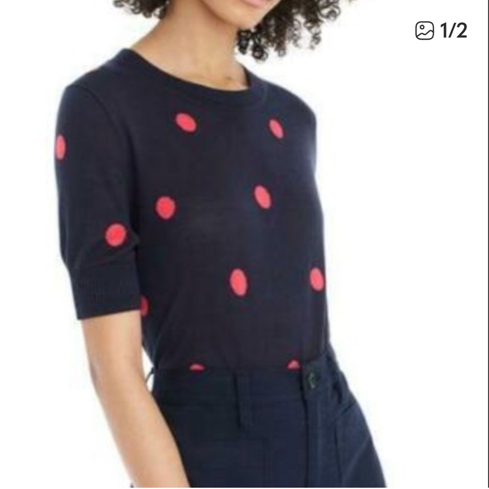 Polka Dot Crew Neck Sweater Tee - Navy with Red Dots